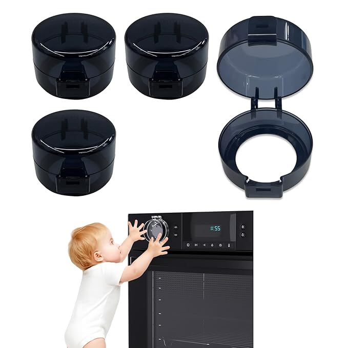 4PCS Gas Stove Knob Covers for Child Safety - Heat-Resistant Baby Proof Stove Knob Covers, Universal Size Stove Knob Safety Covers with Adhesive, Adjustable Child Safety Stove Guard(Black)