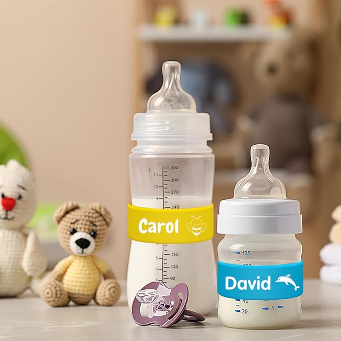 Personalized Bottle Labels Custom Water Bottle Name Bands with Logo Customized Engraved Reusable Silicone Sippy Cup Labels for Daycare School 1-15 PCS