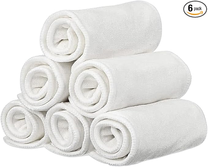 6 Pack Rayon Microfiber Inserts Liners for Adults Cloth Diapers for Incontinence Care, 4-Layer Washable Reusable Large Absorbent (White-Large)