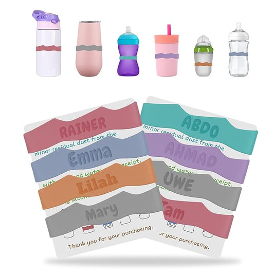 4 Pack Baby Bottle Labels Personalized, Custom Silicone Water Bottle Name Bands for Daycare Reusable, Laser Engraving Bottle Name Tags, Waterproof Customized Kids Cups Grip Straps for School