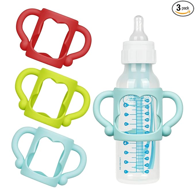 Aolso Silicone Baby Bottle Handles, 3PCS Bottle Handles for Dr Brown Narrow Bottles, Easy Grip Handles to Hold Baby Bottle, Easy Carry Handle Lightweight Bottle Handle (Red/Green/Blue)