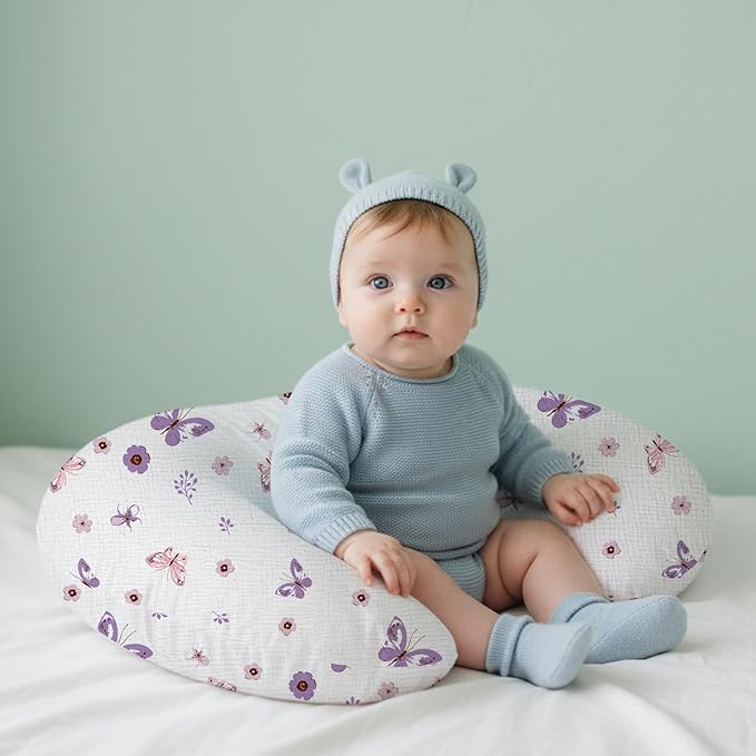 Little Grape Land Muslin Nursing Pillow Covers 2 Pack, 100% Cotton Removable Breastfeeding Pillow Covers, Feeding Pillow Slipcovers for Baby Boys & Girls, (Purple Butterfly & Purple)