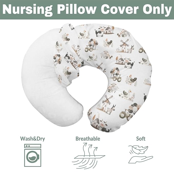 Boho Farm Animals Baby Nursing Pillow Covers for Boy Girl Lamb Cow Chicken Duck Tractor Tree Nursery Slipcovers for Breastfeeding Pillows Spring Farm Life Soft Stretchy Cover for Newborn Infant
