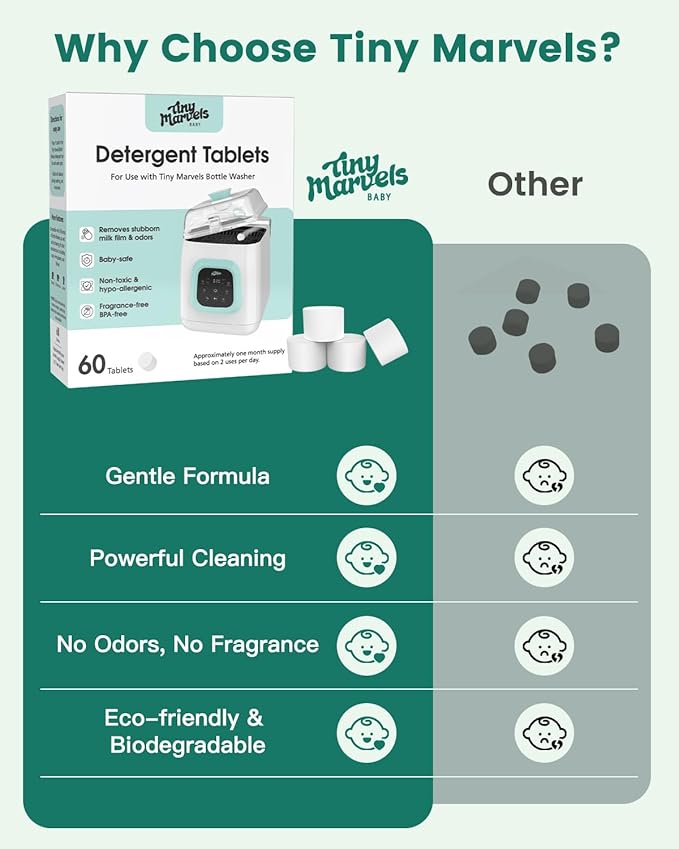 Detergent Tablets for Bottle Washer, 60PCS Bottle Washer Tablets Compatible with All Baby Bottle Washers, Momcozy, Baby Brezza & Grownsy, Detergent Cleaning Tablets Cleans Milk Residue & Odor