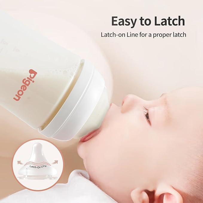 Pigeon Newborn Baby Bottle Feeding Gift Set, Nurture & Nest, Anti-Colic Wide Neck Bottles with Latch-On Silicone Nipples, 3 Bottles (5.4 Oz), 3 Stage 2 Nipples, 1 Bottle Brush and 1 Nipple Brush
