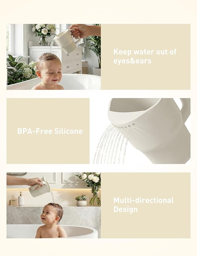 Roslim Silicone Baby Bath Rinse Cup, Shampoo & Body Rinser with Easy-Grip Handle for Rinsing Hair and Body Washing, Lightweight, Non-Toxic for Babies, Toddlers, Kids (White)