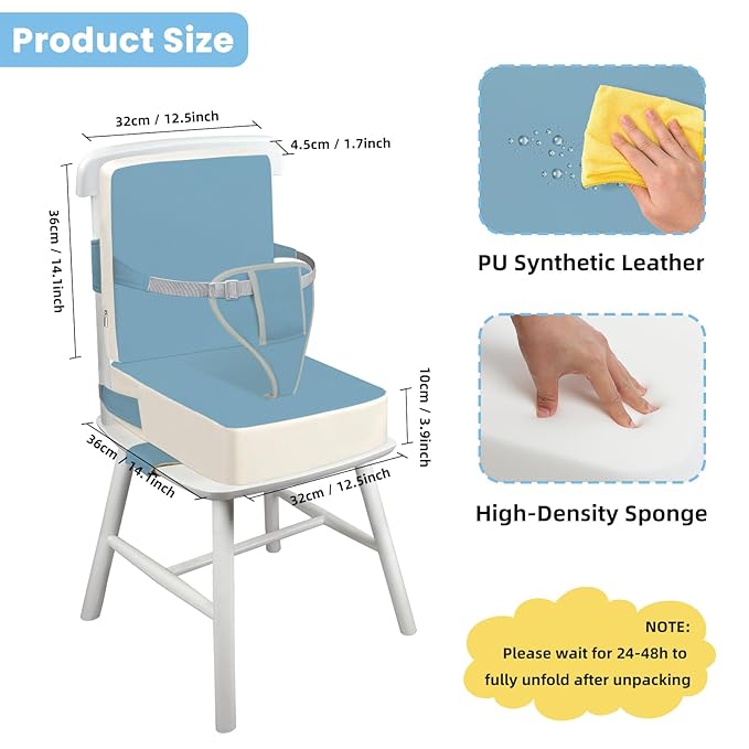 Toddler Booster Seat for Dining Table with Adjustable Straps, Kids Booster Seat for Kitchen Chair with Non-Slip Bottom, PU Anti-Scratch Portable Detachable Increasing Cushion (Blue)