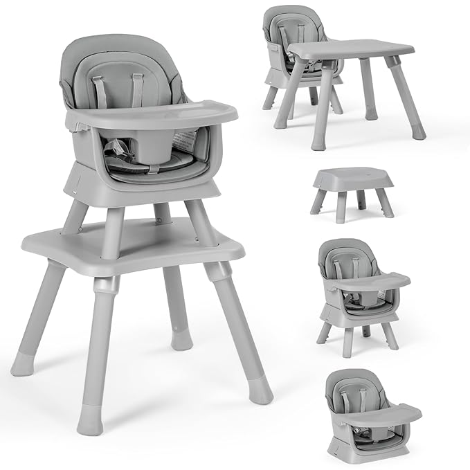 TODEFULL Baby High Chair, 8 in 1 Convertible Highchairs for Babies and Toddlers, Children Dining Booster Seat/Kids Building Block Table for Girls Boys, Baby Seat with Removable Tray, Light Grey
