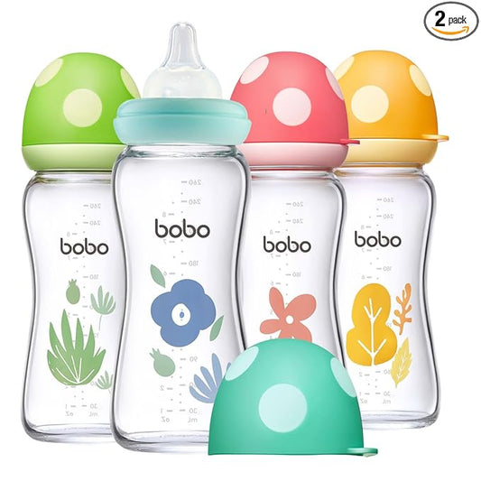 YOHKOH Natural Glass Baby Bottle with Level 2 Medium Flow Nipple, Newborn Anti-Colic Baby Bottles, Wide Neck Mushroom Baby Glass Bottle (8.8oz (Pack of 4), Multicolour)
