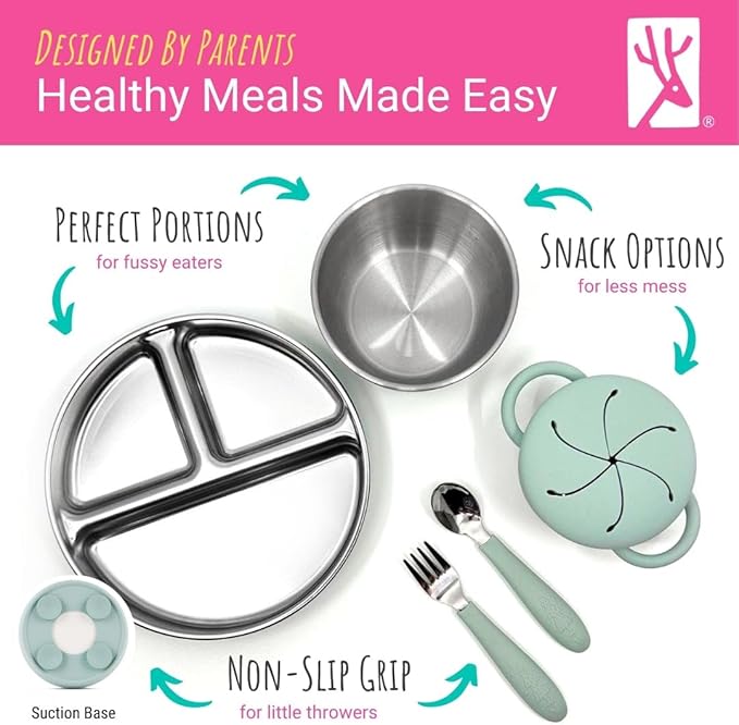 Elk and Friends Kids Stainless Steel Mealtime Bundle | Plates, Bowls, Snack Cups + Toddler Utensils | Silicone Suction Sleeves + Travel Storage Lids | For Meals + Snacks | Dishwasher Safe