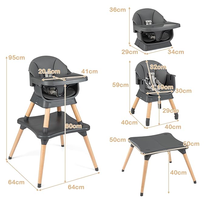 HONEY JOY 9-in-1 Baby High Chair, Convertible Wood Highchair for Babies and Toddlers/Dining Booster Seat/Table & Chair Set, Toddler Stool w/5-Point Safety Harness, Removable Cushion & Tray (Dark Gray)