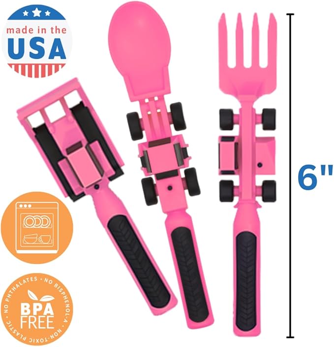 Constructive Eating - Toddler Construction Utensils Made in USA - Silverware for Toddlers - Utensils for Kids - Constructive Eating Utensil Set