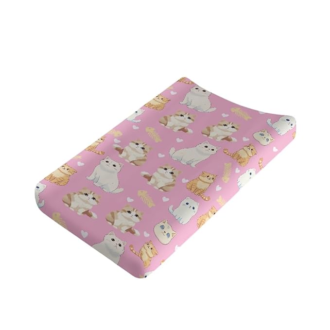 Stretchy Diaper Changing Table Cover, Snug and Soft Change Table Pad Covers Fit 16 * 32 Inches, Kitties Pink
