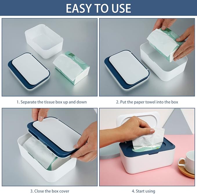 Wipes Dispenser Baby Wipe Holder, Dustproof Refillable Wipe Container Large Capacity Tissues Wipes Case with Moisture Seal Secure Lids Keeps Wipes Fresh for Home Office Bathroom (Dark Blue)
