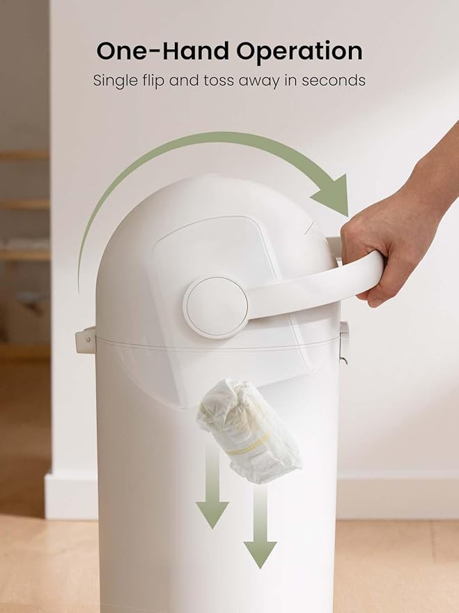 Grownsy Baby Diaper Pail, Odor-Locking Roll-Top Design, No Special Bag Required, One-Handed Use & Compact Design, Eco-Friendly Diaper Trash Can, Newborn Essentials, White