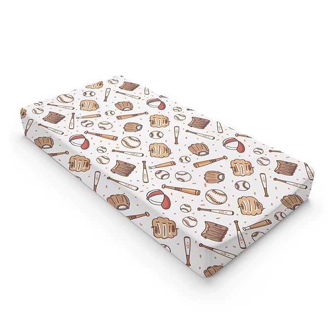 Cartoon Baseball Balls Hats Gloves Baby Changing Pad Cover,Unisex Sports Nursery Diaper Changing Table Pad Mat Sheet for Boys Girls-16x32