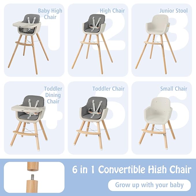 BABY JOY Baby High Chair, 3-in-1 Convertible Wooden Highchair for Babies & Toddlers, Infant Feeding Chair w/ 5-Point Safety Harness, Footrest, Adjustable Legs, Removable Tray & PU Cushion (Dark Gray)