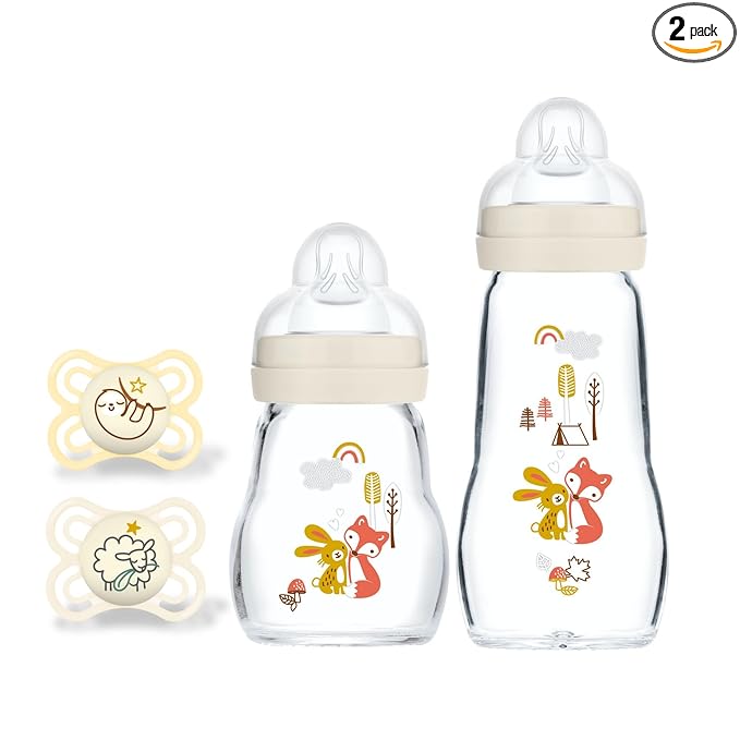 MAM Feel Good Glass Baby Bottle and Pacifier Bundle, Unisex, Slow Flow and Medium Flow, Premium 5oz and 9oz Glass, Easy Switch Between Breast to Bottle, MAM Perfect Night Pacifier 0+ Months, Glows in