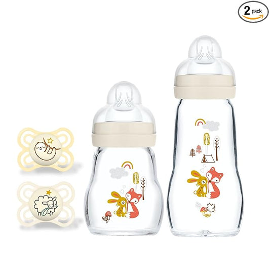 MAM Feel Good Glass Baby Bottle and Pacifier Bundle, Unisex, Slow Flow and Medium Flow, Premium 5oz and 9oz Glass, Easy Switch Between Breast to Bottle, MAM Perfect Night Pacifier 0+ Months, Glows in