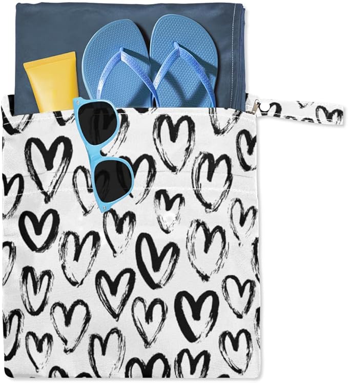 Wet Dry Bags Hearts Waterproof Wet Bag Black and White Reusable Bags for Swimsuits Cloth Diapers Beach Pool Gym Travel Baby Item 2 Pcs