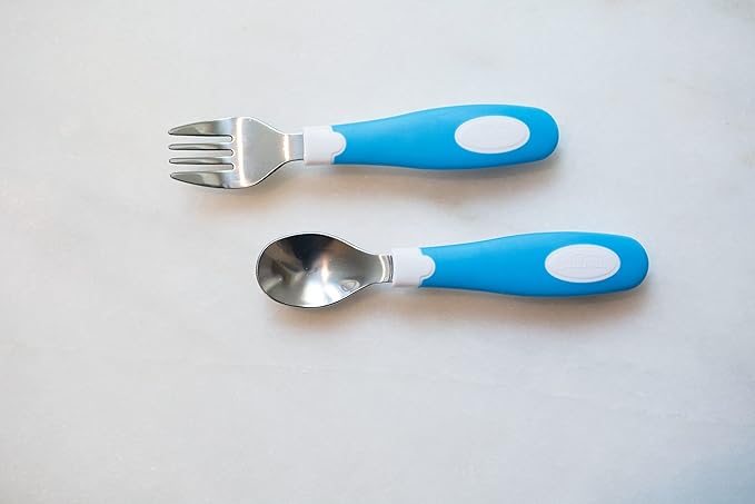 Dr. Brown's Soft-Grip Spoon and Fork Utensil Set, Safe Silverware for Toddlers, Blue, 12m+ – 2-pack