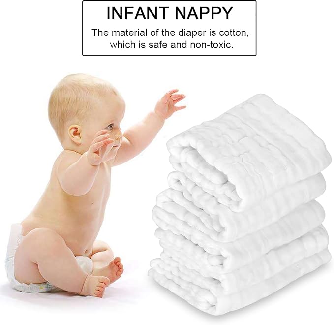 12 Layer Liners Cotton Gauze Reusable Washable Diaper with Hem for Infant Care Choosing Our Diaper (White)