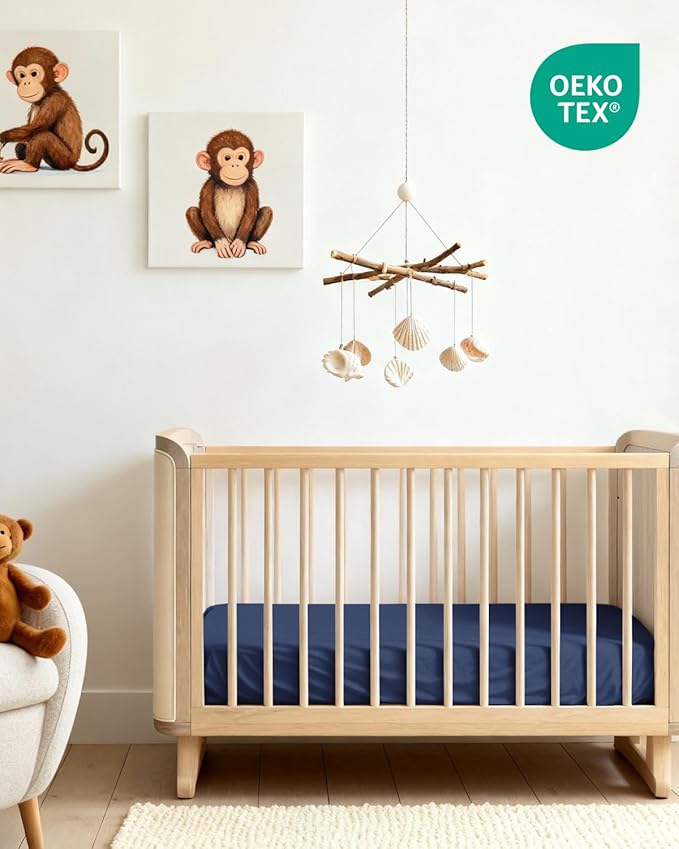 2-Pack Mini Crib Sheets Fitted - Pack N Play Sheets for Pack and Play Mattress - Stretchy Soft Microfiber Playard Bedding - Mini Toddler Bed Cover for Boys & Girls - Oeko-Tex - 38 x 24in, Grey/Navy
