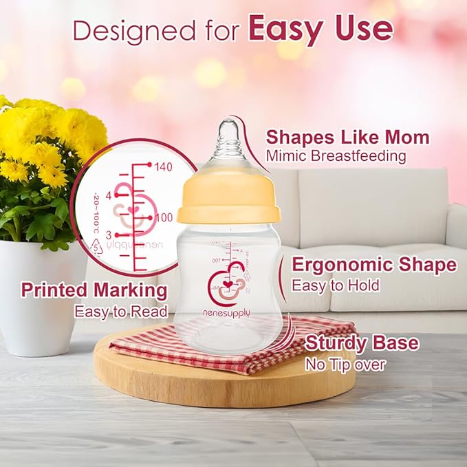 Nenesupply Natural Baby Bottles Newborn Flow Feeding Bottles Breastfeeding Bottle for Breastfed Babies Wide Neck 4.7oz Anti Colic Level 1 Nipple for 0+ Month Infant Replace Spectra Bottles for Pumping