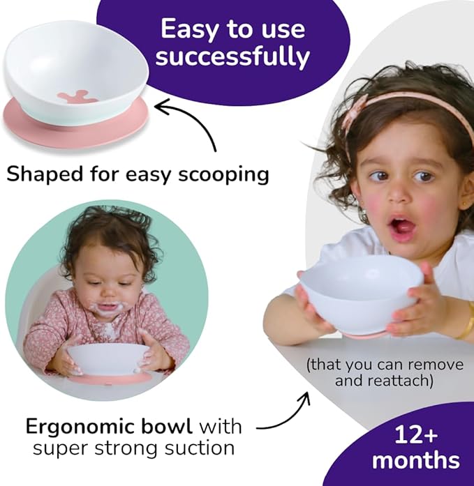 doddl 2-in-1 Baby & Toddler Suction Bowl with Removable Base, Converts to Non-Slip Self Feeding Dish, BPA & Toxin Free, Ergonomic High Back Oval Design, Dishwasher Safe, 6–48 Months (Dusky Rose)