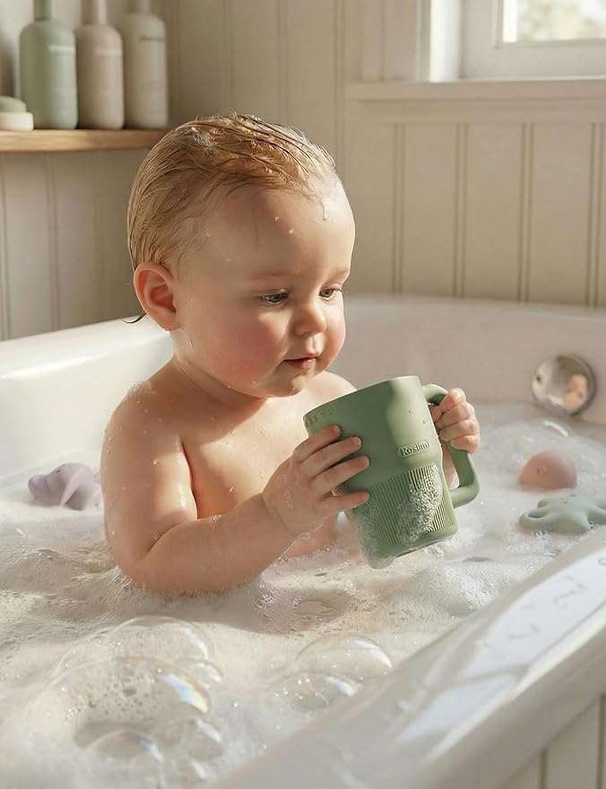 Roslim Silicone Baby Bath Rinse Cup - Shampoo & Body Washing Rinser for Kids & Toddlers, Lightweight Bath Cups for Rinsing Hair, Easy-Grip Handle, Ultra Soft Material (Olive Green)