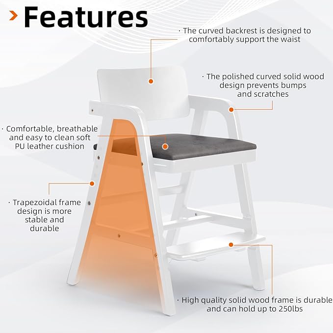 Wooden High Chair for Toddlers & Baby, Adjustable Dining Feeding Chair Grows with Kid, Convertible High Chair for Babies, Wipe Clean Skin-Friendly Cushion, for Home & Restaurant - White