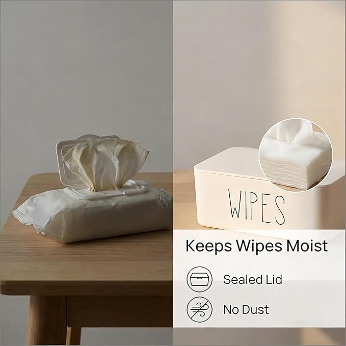 Sleek Baby Wipes Dispenser Easy to Access Bathroom Flushable Butt Wipes Container Holder Refillable,7.28" L x 4.80" W x 2.75" H (White)