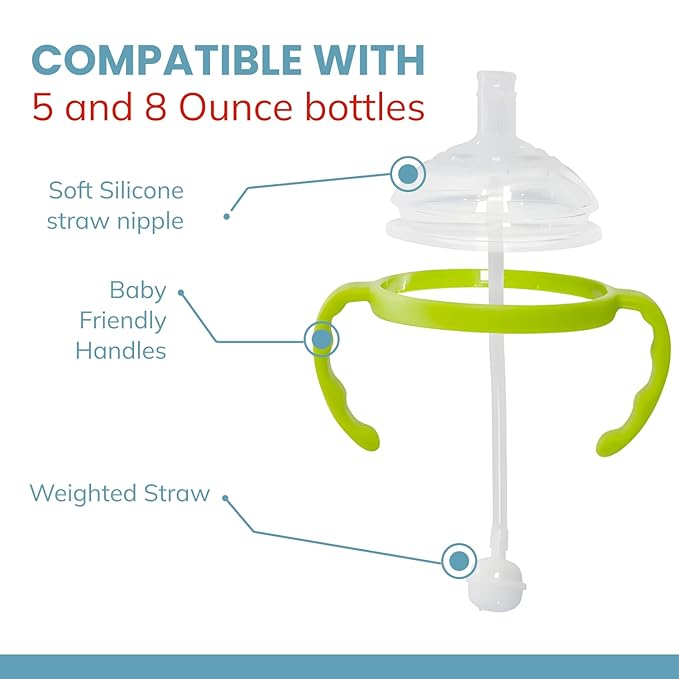 Straw Transition Cup Kit for Comotomo Baby Bottles | Conversion Kit Fits 5 Ounce and 8 Ounce Bottles | Soft, Silicone Straw Top Bottle Nipple & Weighted Straws to Help Baby Transition | 2 Pack (Green)