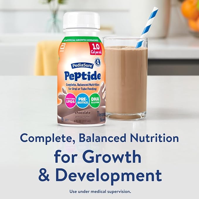 PediaSure Peptide 1.0 Cal,24 Count,Complete,Balanced Nutrition for Kids with GI Conditions,Peptide-Based Formula,with 7g Protein and Prebiotics,for Oral or Tube Feeding,Chocolate,8-fl-oz Bottle