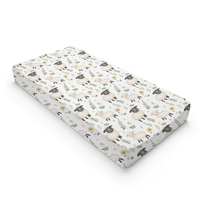 Cute Farm Animals Sheep Flowers Floral Leaves Baby Changing Pad Cover, Unisex Farm Nursery Diaper Changing Table Pad Mat Sheet for Boys Girls-16x32