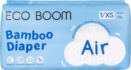 ECO BOOM Air Diapers, Tree-Free & Gentle for Sensitive Skin, Ultra Soft & Breathable, Reliable Overnight Protection, Size 1, Up to 10 lbs