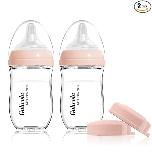 Gulicola Natural Glass Baby Bottle for Breastfeeding Babies, Newborn Anti-Colic Bottle Set with Slow Flow Nipple, 0-3 Months, 5 oz, 2 Pack - Pink
