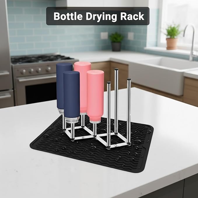 Stainless Steel Bottle Drying Rack with Non-Slip Silicone Mat – Foldable Water Bottles Dryer Stand for Cups, Tumblers, Wine Glasses & Baby Bottles, Space-Saving Countertop Bottle Rack Organizer