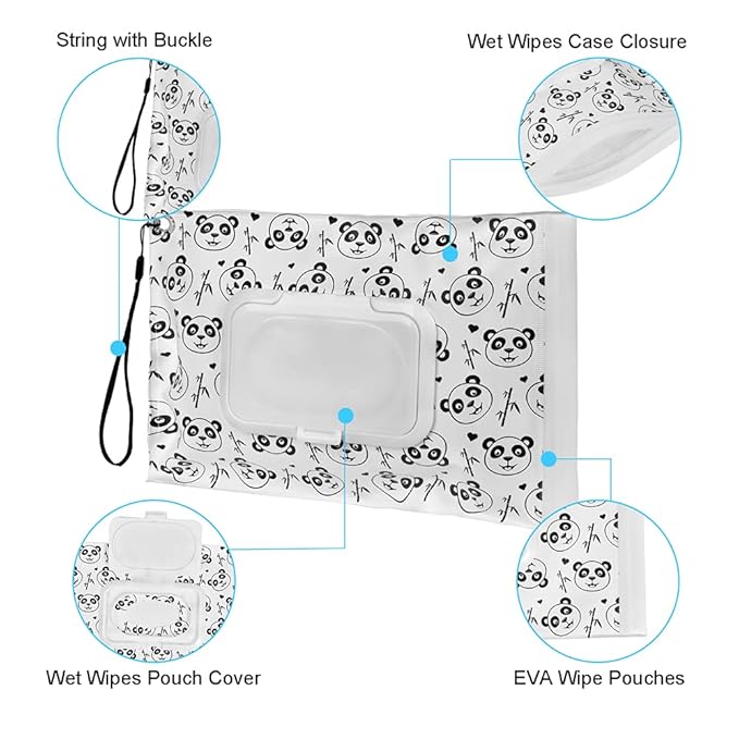 Wipes Dispenser & Pouch/Tissue Bag, Wipes/Tissue Case with Moisture Seal & Non-Slip Feet, Dustproof Container (2WH+2Panda)