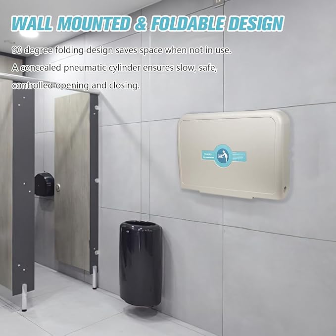 Wall Mounted Baby Changing Station, Horizontal Fold-Down Diaper Changing Table with Safety Strap, HDPE Surface, Dual Bag Hooks & Built-in Liner Dispensers for Commercial Restrooms (White Granite)