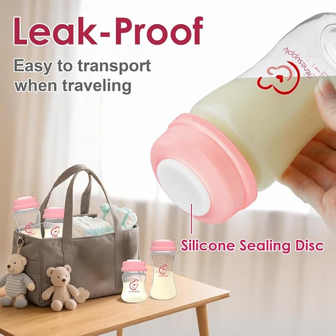 NENESUPPLY Breastmilk Storage Bottles Collection for Spectra S1 S2 Motif Luna Breast Pumps 4 pc 9oz 280ml with Collar and Sealing Disc. Replace Spectra Bottles for Pumping Wide-Mouth