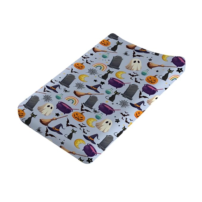Halloween Boho Changing Pad Cover Spooky Witch Pumpkin Cat Bat Rainbow Baby Changing Pad Table Sheets for Boy Girl Halloween Moon Night Soft Stretchy Fitted Diaper Changing Table Mats 32''x16''