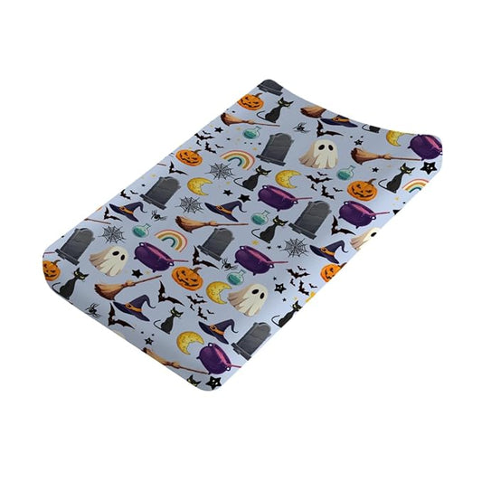 Halloween Boho Changing Pad Cover Spooky Witch Pumpkin Cat Bat Rainbow Baby Changing Pad Table Sheets for Boy Girl Halloween Moon Night Soft Stretchy Fitted Diaper Changing Table Mats 32''x16''