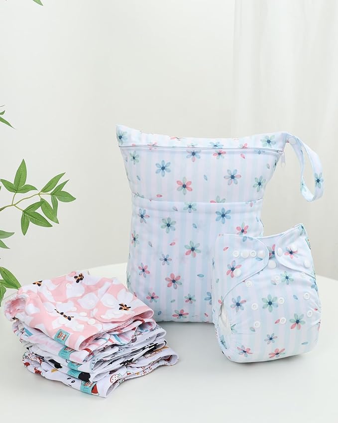 ALVABABY Cloth Diaper Covers 6pcs and 1 Wet Dry Bag, Washable Reusable Diaper Cover with Multi-Functional Bag, Cloth Diaper Shell for Prefold, Flat or Fitted Cloth Diaper Inserts 6NKZ08