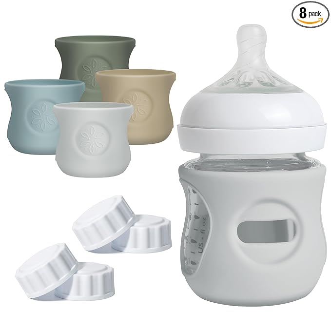 4 Pack Silicone Sleeves for Philips Avent Natural Glass Baby Bottles, Food Grade Silicone Cover and 4pcs Travel Caps, Lids Replacement (Dark Blue+Dark Green+Grey+Beige, 4oz)