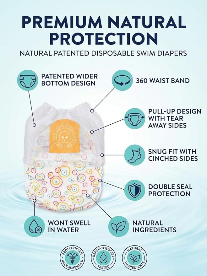 Little Toes Premium Natural Disposable Swim Diapers, Size 3-4 Medium (20-30 lbs) (12 Count) | Baby Disposable Swim Diapers | Hypoallergenic, Chlorine & Fragrance-Free | Gentle on Sensitive Skin