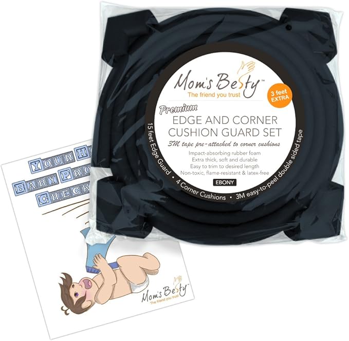 Mom's Besty Extra Dense Child Safety Protectors & Furniture Bumpers Set – 16.2 Ft. Total Coverage (15 Ft. Edge & 4 Taped Corner Guards) - Ebony Black - Free Home Baby Proofing Checklist
