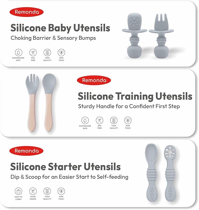 Remonda 23-Piece BPA-Free Silicone Baby Feeding Set | Extra Large Suction Plates, Toddler Bowls, Self Feeding Spoons, and More | Dishwasher Safe| Baby Led Weaning Supplies (Grey) AA