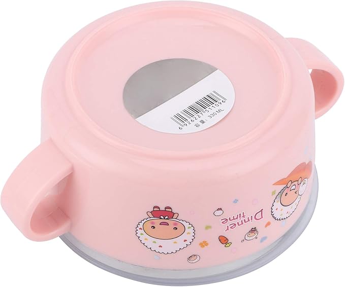 Zerodis 304 Stainless Steel Toddler Bowl with Double Layer Heat Insulation, Cartoon Design, Lid and Handles - Feeding Tableware