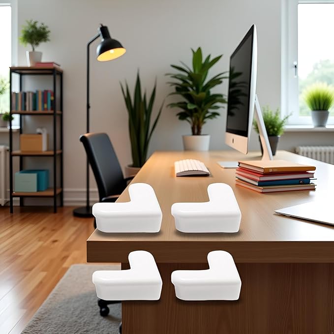 4-Pack White Corner and Edge Protectors - Self-Adhesive Bumpers for Furniture, Desks and Tables, Shock-Absorbing Guards for Home and Office Use